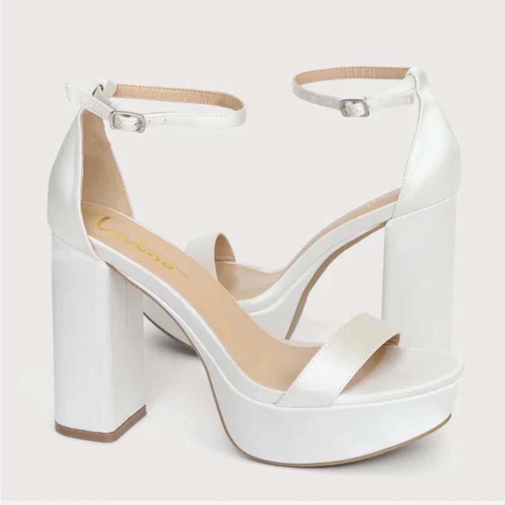 Lulu's Arrabella Ivory Satin Platform Ankle Strap Heels, size 8 used heels.